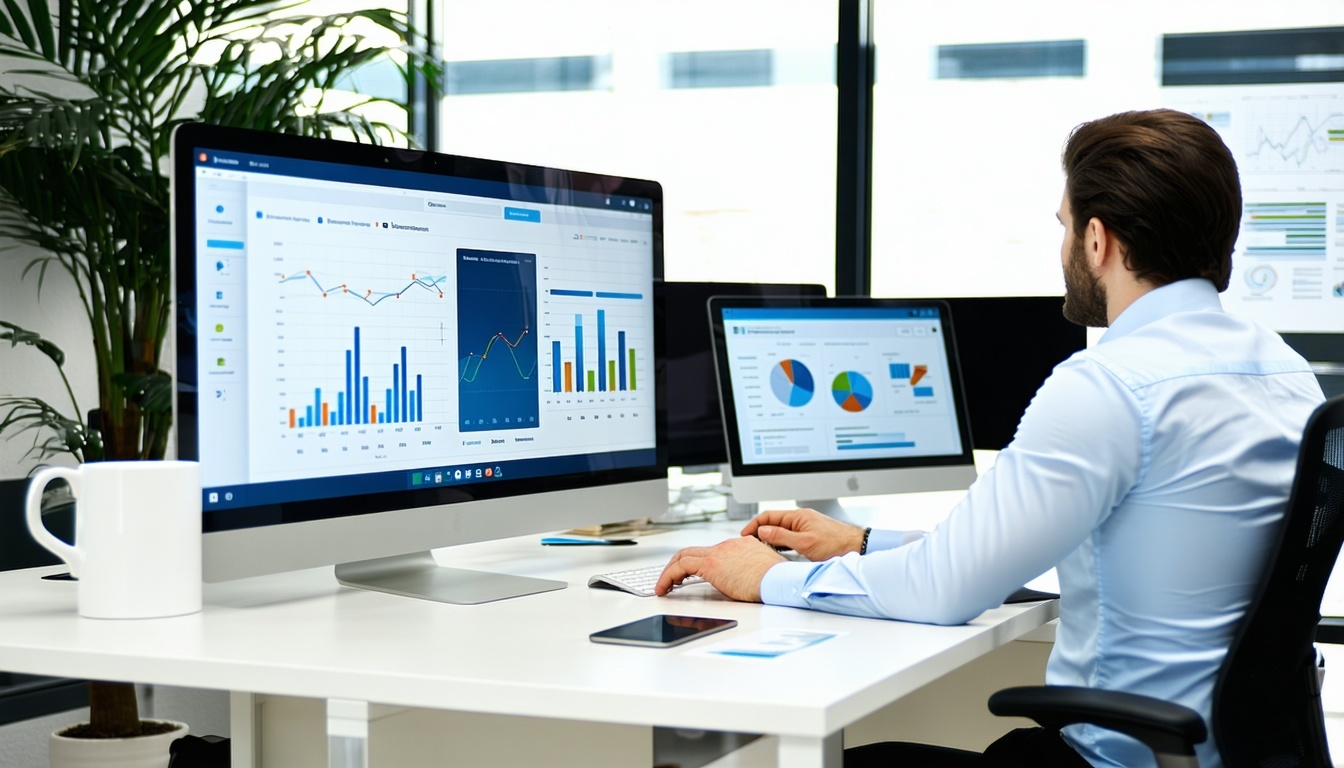 A modern office setting with professionals using v